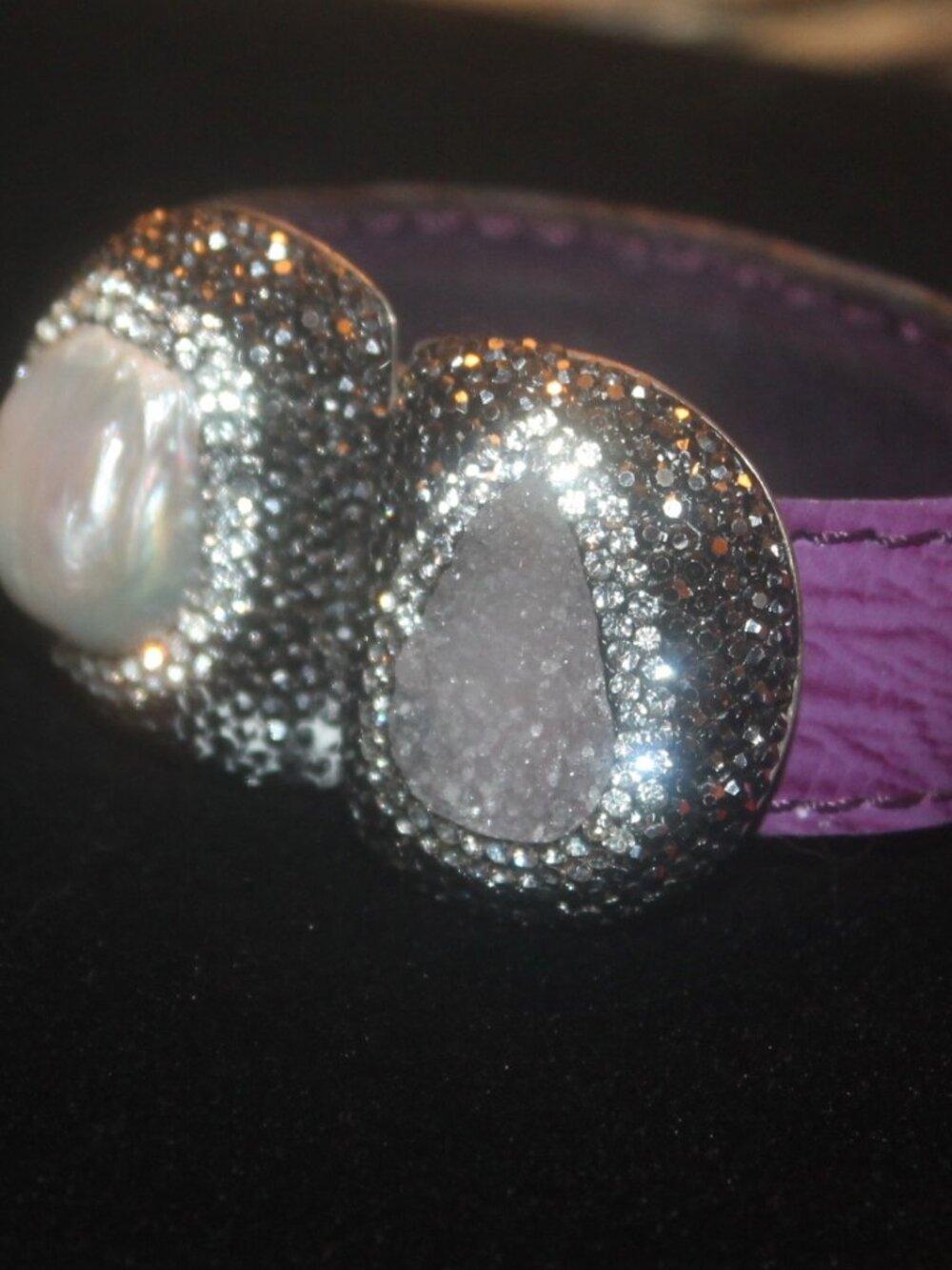 Ornate 925 Sterling Mabe Pearl Druzy Leather Cuff Bracelet Tons of Sparkle